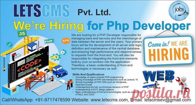 We are looking for a PHP Developer responsible for managing back-end services and the interchange of data between the server and the users. Your primary focus will be the development of all server-side logic, definition and maintenance of the central database, and ensuring high performance and responsiveness to requests from the front-end. 
Contact us at -
Skype: jks0586,
Mail: letscmsdev@gmail.com,
Website: www.letscms.com, www.mlmtrees.com,
Call/WhatsApp/WeChat: +91–9717478599.