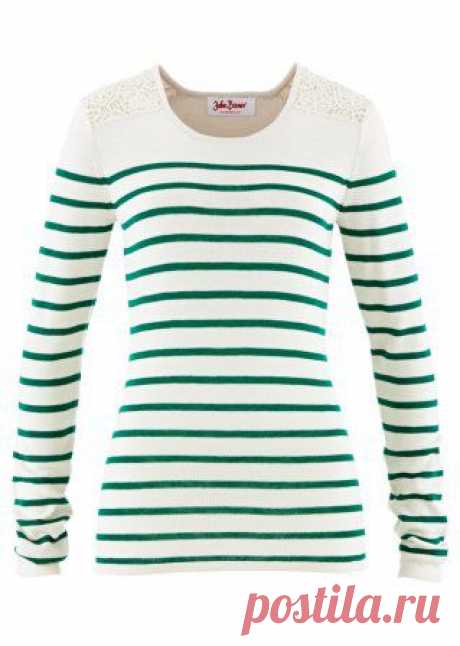 Пуловер с кружевом цвет белой шерсти/мятно-зеленый в полоску - Для женщин - John Baner JEANSWEAR - bonprix.kz