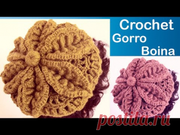 Crochet Gorro Boina de hojas 3D en punto rueda de la fortuna tejido principiantes