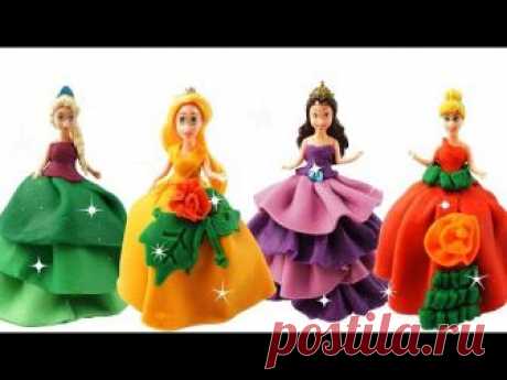 Making Play Doh Super Sparkle Dresses For Disney Princesses Dolls Frozen Elsa & Aurora, Belle
