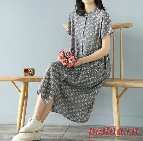 Women Floral Dresses, Loose summer dress, Short sleeve dress, midi Shirt dress, Single breasted gown 【Fabric】 Linen, cotton 【Color】  brown, gray 【Size】 Shoulder 42cm / 16  Sleeve length 19cm /7.4  Bust 110cm / 42  Big arm circumference 44cm / 17  Skirt length 105cm / 41    Have any questions please contact me and I will be happy to help you.