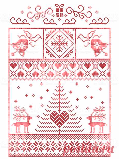 Scandinavian Nordic Style Winter Stitching Christmas Pattern Including Snowflakes Heartspresent Snow Star Christmas Tree Reindeer And Decorative Ornaments In Red Blue In Rectangle Frame — стоковая векторная графика и другие изображения на тему Вязаный 858285852 | iStock