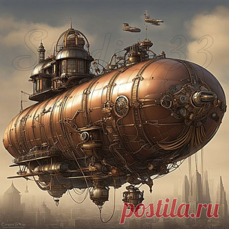 Steampunk Blimp, Downloadable Steampunk Dirigible In Color, Computer Generated Flying Machine, Victorian Era Industrial Art