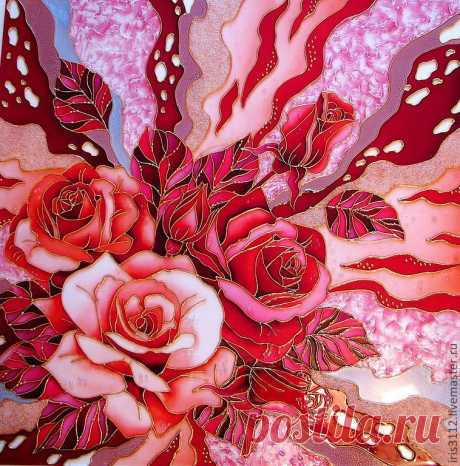 &quot;Розовый букет&quot; Картина на стекле - ярко-красный,розы,абстракция,букет