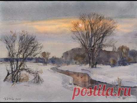 20210123 Акварельный зимний пейзаж. Низкое солнце. The Low sun. Watercolor winter landscape