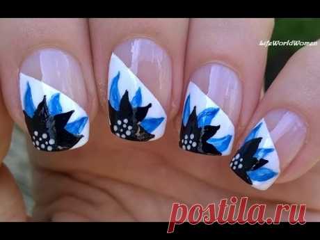 Side FRENCH MANICURE Nail Art With Black & Blue FLOWER DESIGN