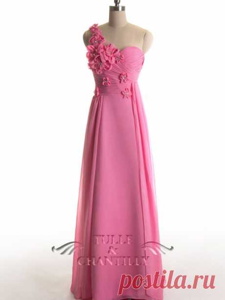 Floral One Shoulder Hot Pink Chiffon Long Bridesmaid Gown [TBQP235H] - $169.00 : Custom Made Wedding, Prom, Evening Dresses Online | Tulle &amp; Chantilly