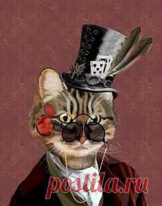 Phileas Feline 14x11 Steampunk Cat Art Print Poster Mixed Media Painting Wall Decor Wall hanging Wall Art Cat painting cat picture top hat