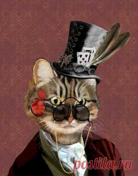Phileas Feline 14x11 Steampunk Cat Art Print Poster Mixed Media Painting Wall Decor Wall hanging Wall Art Cat painting cat picture top hat
