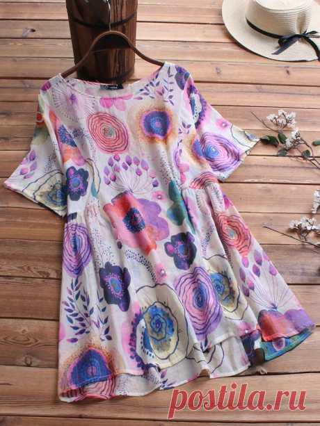 Summer Floral Print Short Sleeve Plus Size Blouse - US$15.99