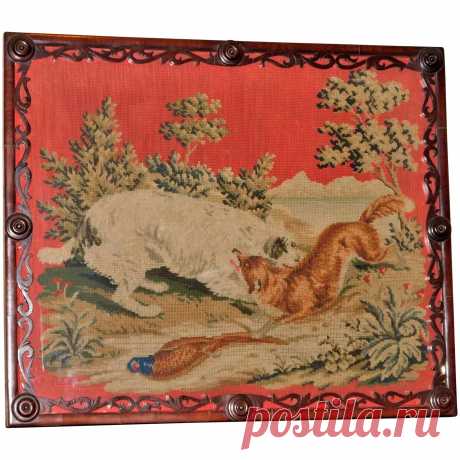 Mid-19th Century Woolwork of a Dog and Fox in Carved Frame : Perry-Joyce Fine Arts | Ruby Lane