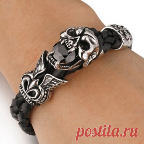 Amazon.com: Men's Stainless Steel Genuine Leather Bracelet Bangle Cuff Agate Silver Black Skull Wing Cross Braided Gothic: Link Bracelets: Jewelry on imgfave