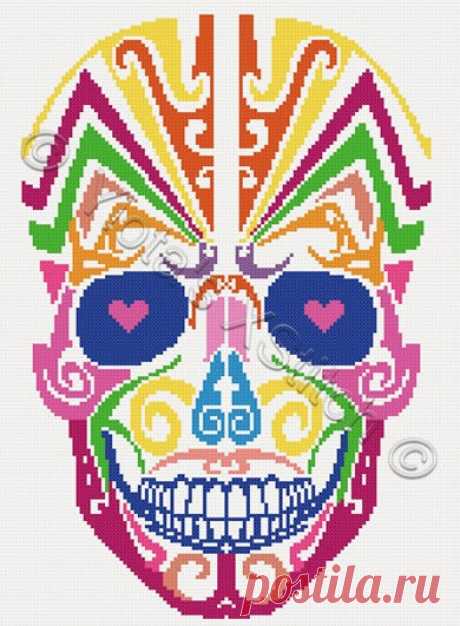 Rainbow sugar skull counted cross stitch kit Rainbow sugar skull counted cross stitch kit.Counted cross stitch kit with whole stitches only. Kit contains: Cross stitch pattern Fabric - see options available Threads pre-wound on plastic card bobbins Needle Instructions