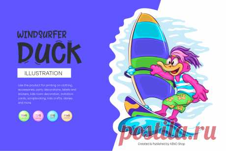 Cartoon Duck Windsurfer.
Colorful summer illustration, cartoon duck sailing on a board, windsurfer. Children's bright illustration. Use the product for printing on clothing, accessories, party decorations, labels and stickers, kids room decoration, invitation cards, scrapbooking, kids crafts, diaries and more.
-------------------------------------------
EPS_10, SVG, JPG, PNG file transparent with a resolution of 300 dpi, 15000 X 15000.