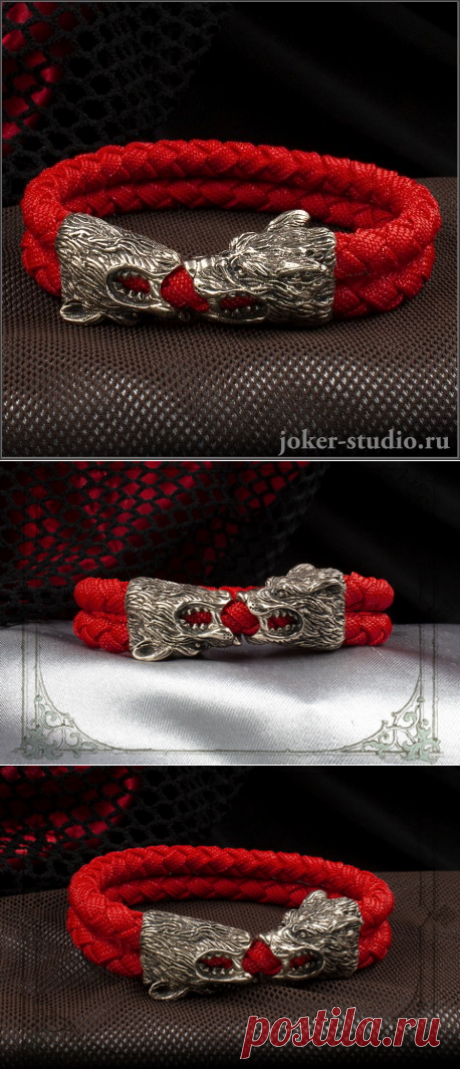 Мужской браслет с волком на красном шнуре в два оборота в JOKER-STUDIO