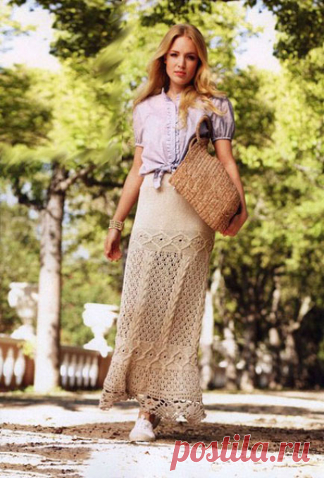 Длинная юбка в рустикальном стиле спицами и ажурной каймой крючком – схемы вязания с описанием