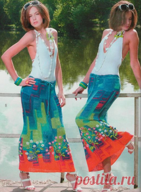 секционная юбка-макси в технике пэчворк с цветочным декором по подолу