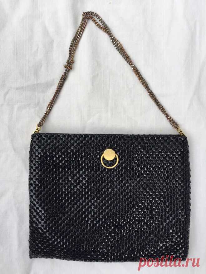 Vintage Purse Clutch Black Metal Mesh Double Chain Strap Hinged Opening | eBay