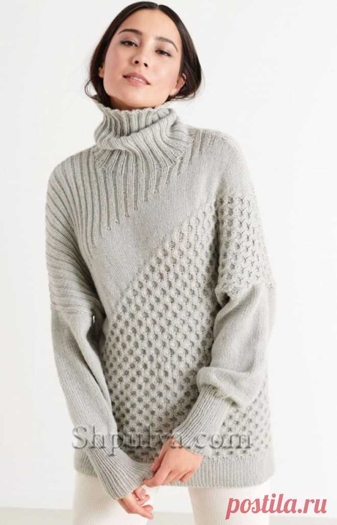 Серый свитер с диагональным узором — Shpulya.com - схемы с описанием для вязания спицами и крючком