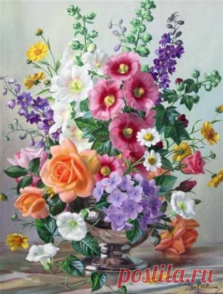 Albert Williams | Summer flowers in a silver bowl | MutualArt