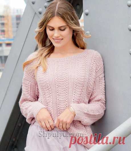 Розовый пуловер с волнистым узором из полос Описание вязания пуловера для женщин
