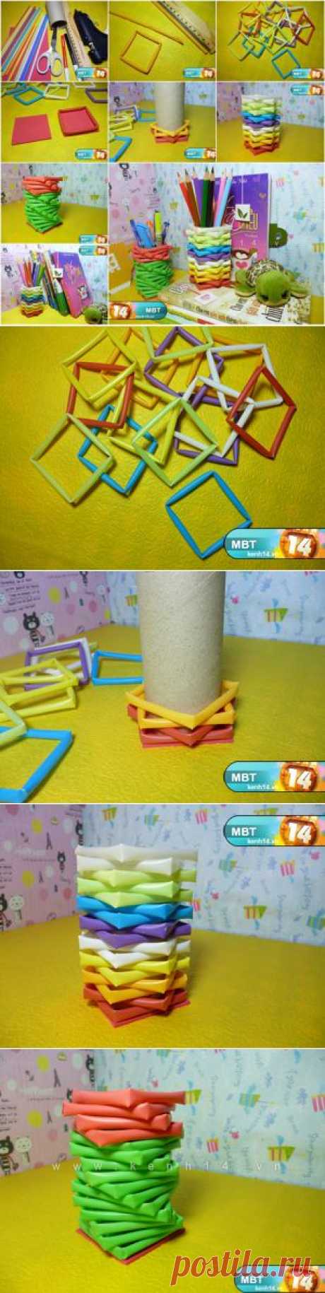 Как DIY держатель для  карандашей из питьевой соломинки и бобины от  туалетная бумага| iCreativeIdeas.com