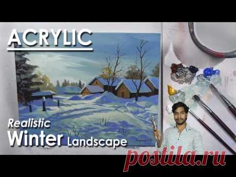 How to Paint Realistic Winter Landscape in Acrylic | step by step coloring | Supriyo
