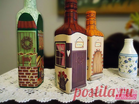 Бутылки-домики от Lis Maria Gonçalves, Бразилия. Декупаж и роспись. Мастер-класс