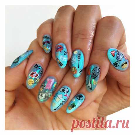 SO HOT RIGHT NAIL on Instagram: “blue kawaii for @ari_hairstylista 💅👀👄💄🕶🍌🎀🍦🍬💎💵❤️🍟🍍🍔🖕😋 | using a selection of decals from @hexnailjewelry @wiinoshop @nocturnalpaper & @shanail_usa 🙌”