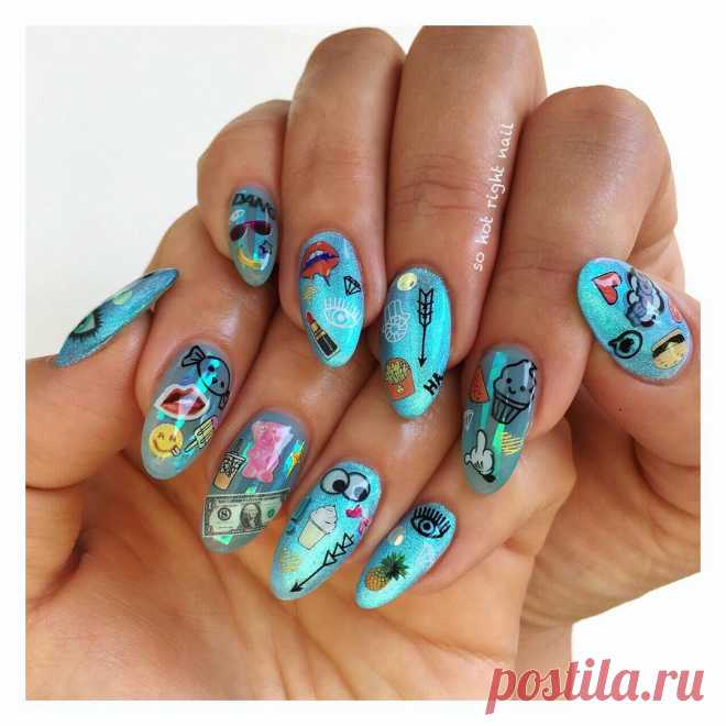 SO HOT RIGHT NAIL on Instagram: “blue kawaii for @ari_hairstylista 💅👀👄💄🕶🍌🎀🍦🍬💎💵❤️🍟🍍🍔🖕😋 | using a selection of decals from @hexnailjewelry @wiinoshop @nocturnalpaper & @shanail_usa 🙌”