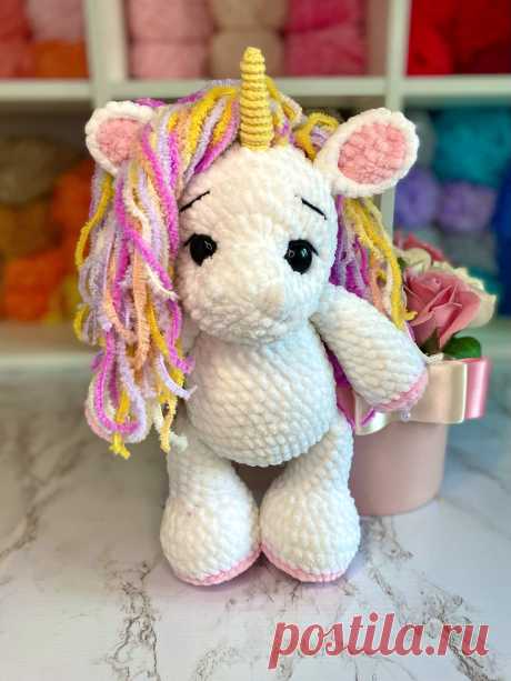 PDF Единорожка крючком. FREE crochet pattern; Аmigurumi animal patterns. Амигуруми схемы и описания на русском. Вязаные игрушки и поделки своими руками #amimore - плюшевый единорог, большая единорожка из плюшевой пряжи.