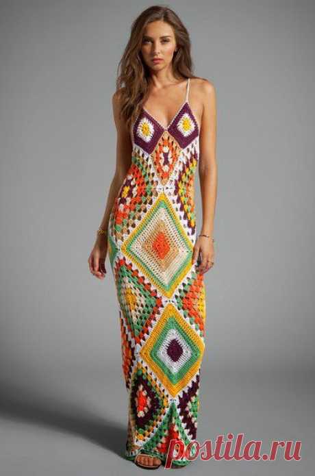 Длинное цветное платье крючком (только схема) | Рукоделие и вышивка