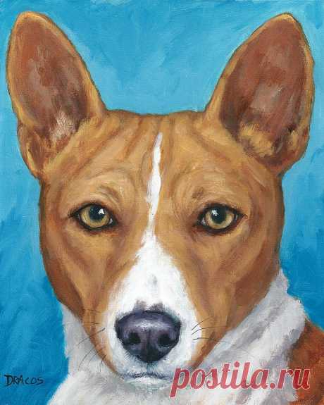 Basenji Portrait on Blue by Dottie Dracos Basenji Portrait on Blue Painting by Dottie Dracos