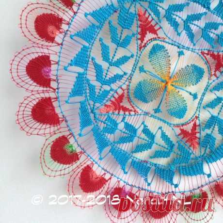 Ñandutí Handmade Lace - Blue, Red (21cm.) Paraguayan Embroidered Lace Nanduti Sol Lace Doily Home Decor Wall Art Create a vibrant point of interest for your décor with this amazing work of art.  You can back it with a contrasting cloth or matboard and frame it; then display it as a stunning wall hanging. You can use it under a vase or bowl as an accent in table centerpieces or it can grab attention as a