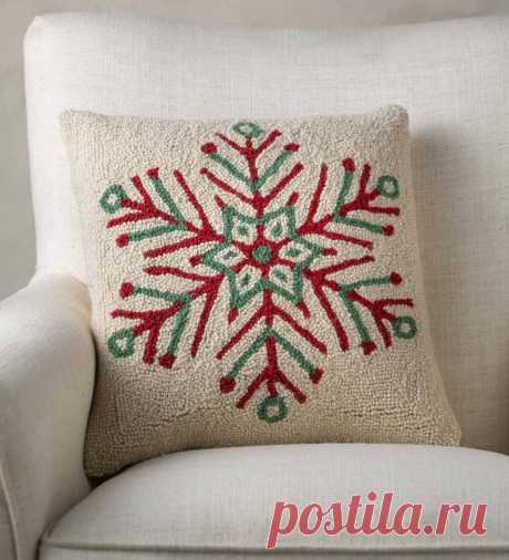 Snowflake Hand-Hooked Pillow, 16&quot;Sq. | Eligible for Shipping Offers | Collections | VivaTerra This darling Snowflake Hand-Hooked Pillow will fill your home with idyllic holiday scenery. Exclusively designed to showcase a modern, snowflake silhouette. A perfect seasonal accent to feature this wintery icon. The design is rendered in 100% hooked-wool and finished with a cream linen back. Every pillow includes a natural down feather filled insert for a plush loo...