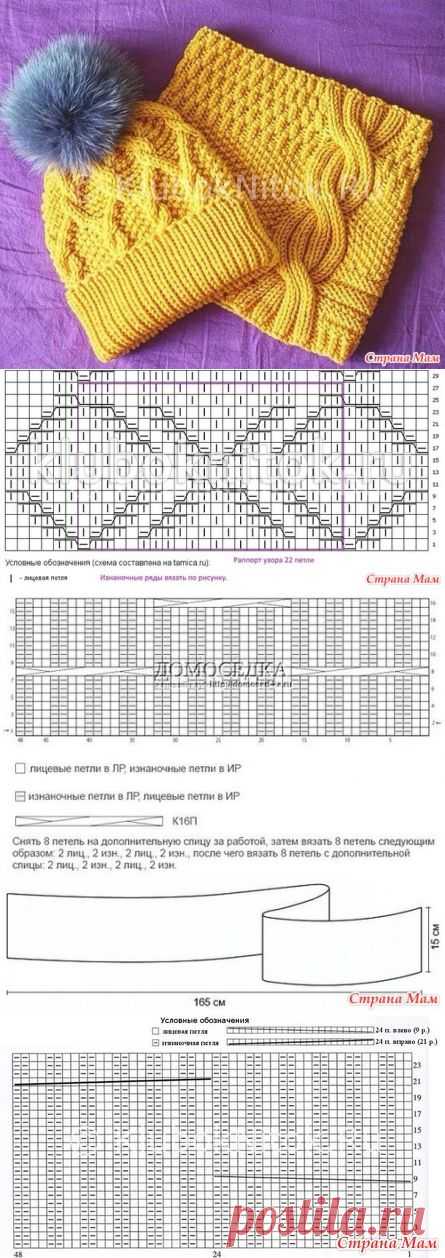 Схема узора шапки. Снуд с шапкой спицами схемы вязания. Вязание шапки и снуда спицами со схемами. Вязание шапки и снуда спицами со схемами и описанием. Схема вязания детской шапки-снуда.