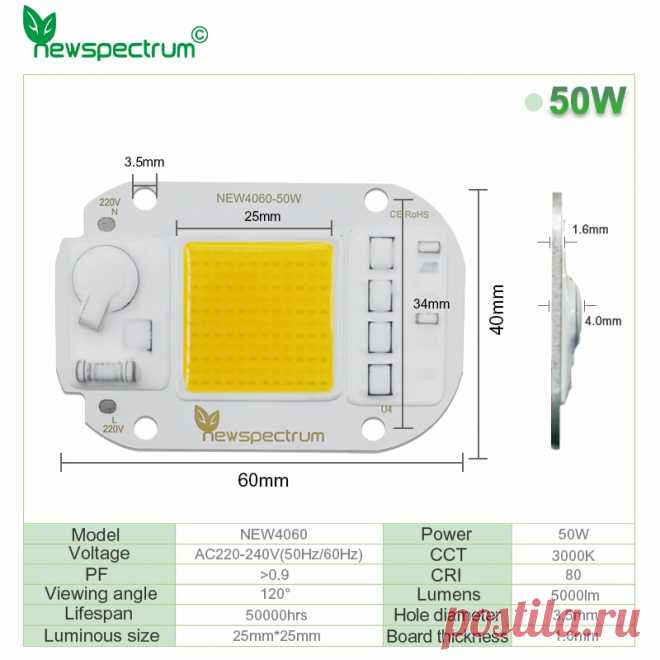 Бесдрайверный 220 в 230 в 240 В, теплый белый модуль DOB AC COB светодиодный чип 50 Вт лампочки полного спектра для выращивания растений - купить по выгодной цене | AliExpress