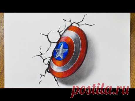 Как нарисовать 3д Рисунок на бумаге Щит Капитана Америка
