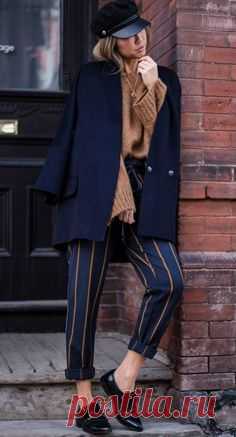 fall office outfit ispiration / brown sweater + coat + hat + striped pants + loafers