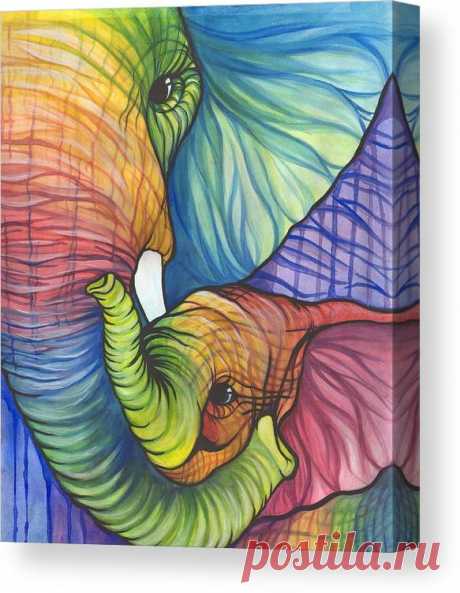 Elephant Hug Canvas Print / Canvas Art by Sarah Jane Purchase a canvas print of the painting "Elephant Hug" by Sarah Jane.  All canvas prints are professionally printed, assembled, and shipped within 3 - 4 business days and delivered ready-to-hang on your wall. Choose from multiple print sizes, border colors, and canvas materials.
