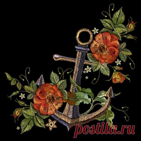 Anchor and red roses embroidery. Classical fashionable embroidery... Anchor and red roses embroidery. Classical fashionable embroidery vintage anchor and beautiful red bouquets of roses template for clothes, textile t-shirt design fashion template