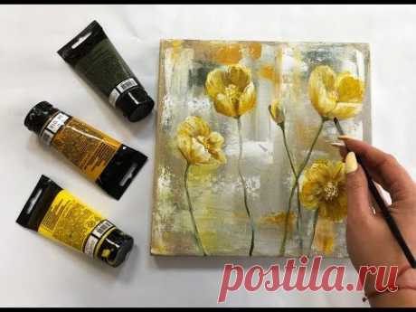 How to draw easy flowers painting / Demonstration /Acrylic Technique on canvas by Julia Kotenko