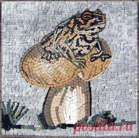 Mosaic Art Designs - Frog on Mushroom Unique handmade marble mosaic that is composed of all natural marble and hand-cut tiles. Created using earth color tones It shows a frog laying on a big mushroom. Customize your own mural today for an original look. Mosaic Uses: Floors Walls or Tabletops both Indoor or Outdoor as well as wet places such as showers and Pools.