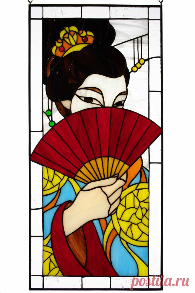 Stained glass panel Geisha image Japanese style Window hanging suncatc Window hanging panel made of stained glass pieces by my own disign.Handmade using Tiffany copper foil technique.Looks amazing in the lights of a sun.You will get it completely ready for installation. It comes with a suction cup hanging and copper chain.It will be a great gift for friends or relatives. Width: 9.5 inches