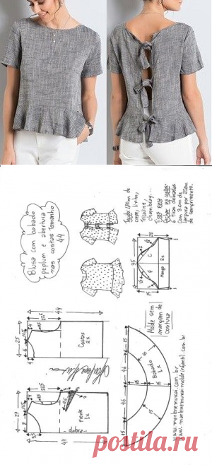 Blusa peplum com manga com abertura nas costas | DIY - molde, corte e costura - Marlene Mukai