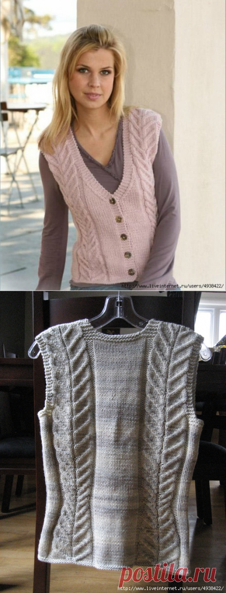 Женский жилет - Waistcoat with cables by DROPS design.