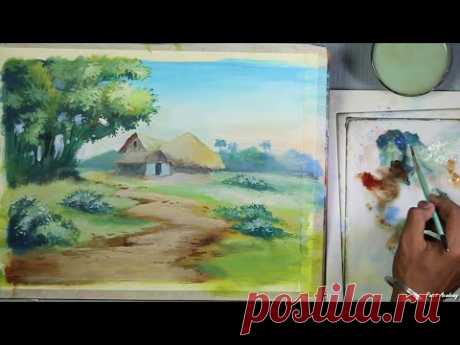 Acrylic Painting : Village Landscape | step by step Drawing & Painting