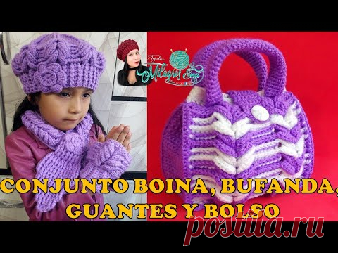 VIDEO CONJUNTO Boina, bufanda, mitones y bolso en punto Espiga tejidos a crochet