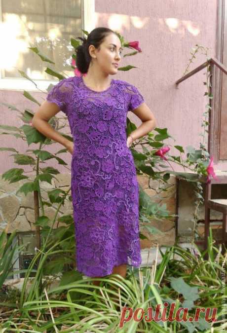Купить Платье ирландским кружевом "Purple" - тёмно-фиолетовый, цветочный, фиолетовый, пурпурный, аметистовый
