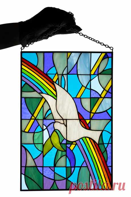 Stained glass panel Dove suncatcher Window hangings Glass bird Gift fo Stained glass panel made by my own design.Made from glass pieces using the Tiffany copper foil technique. Framed with .You will get it completely ready for installation. It comes with a self-adhesive hook and copper chain. Width: 10 inches Height: 14 inches